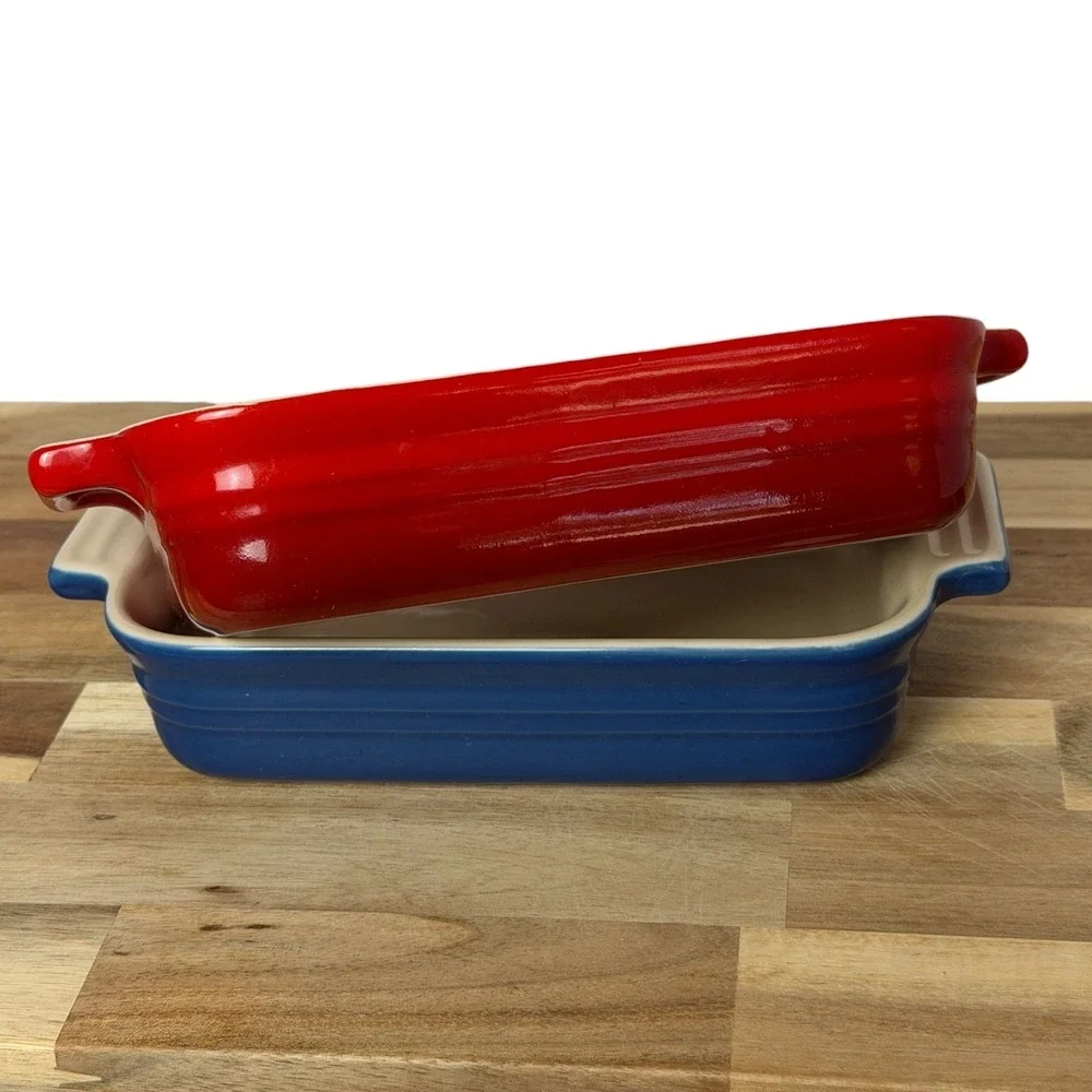 Le Creuset 1 Qt Mini Rectangular Baking Dishes 7x5 Stoneware Red Blue Set of 2